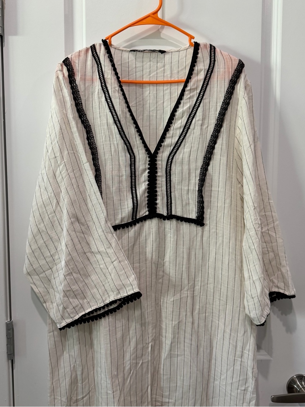 Zara Cream Striped V-Neck Swim Coverup with Black Trim